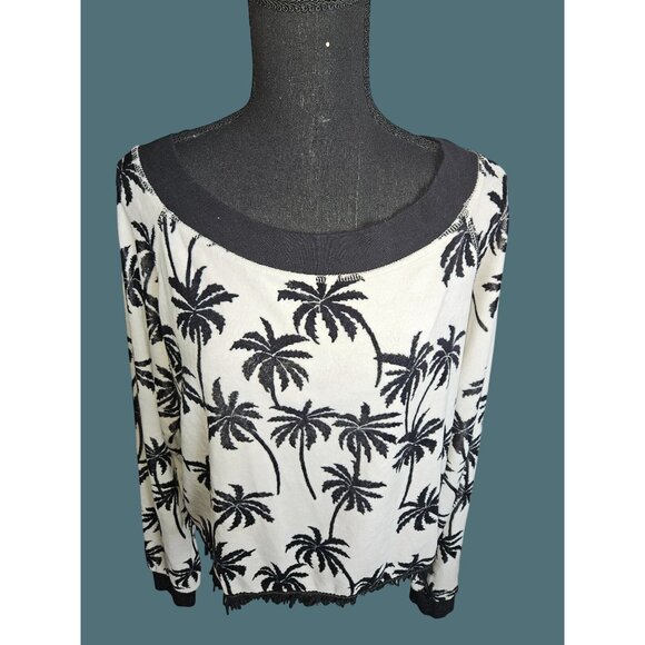 2/$35 HIPPE BeachBum Palm Tree Print Velour Coastal Fringe Hem Sweater Women S - Picture 7 of 12